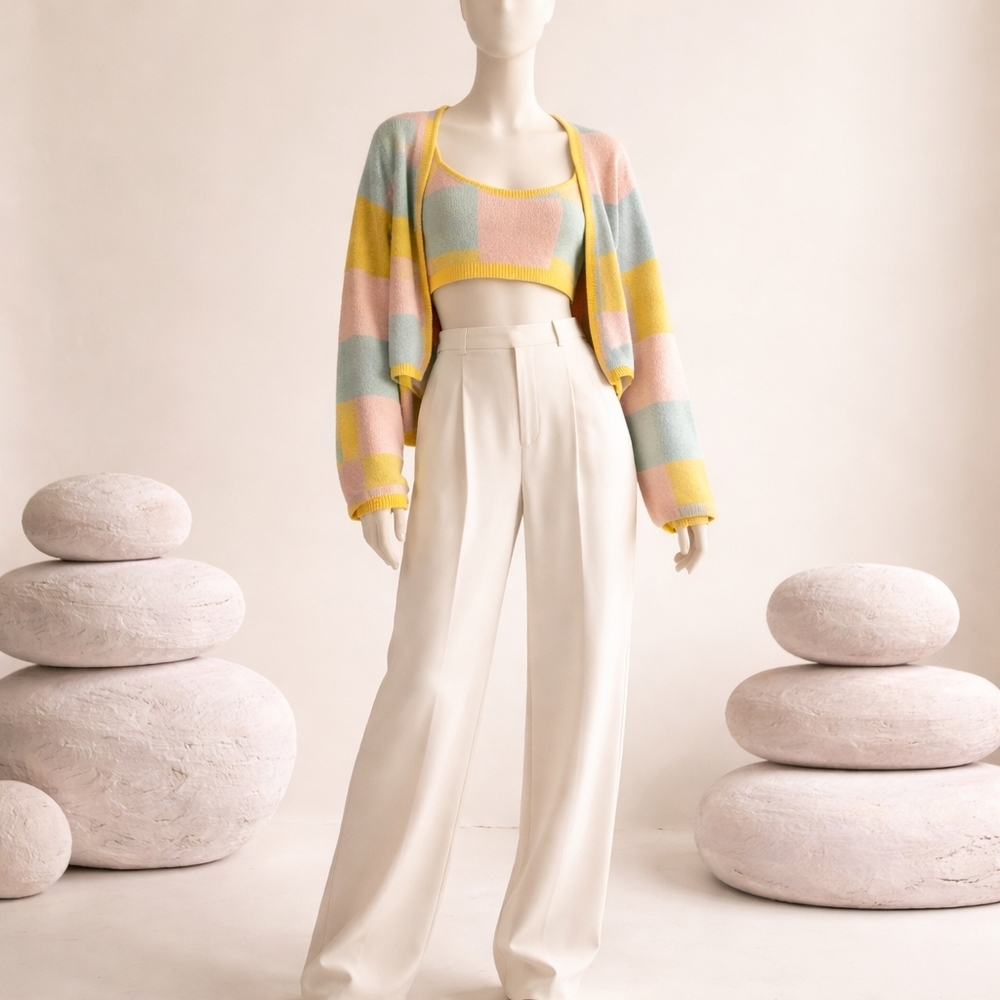 Pastel Striped Knit Crop Top & Cardigan Set in Yellow, Pink, Blue